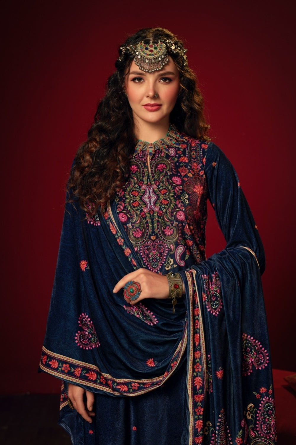 Royal Blue Colour Velvet Printed Woolen Unstitched Suit