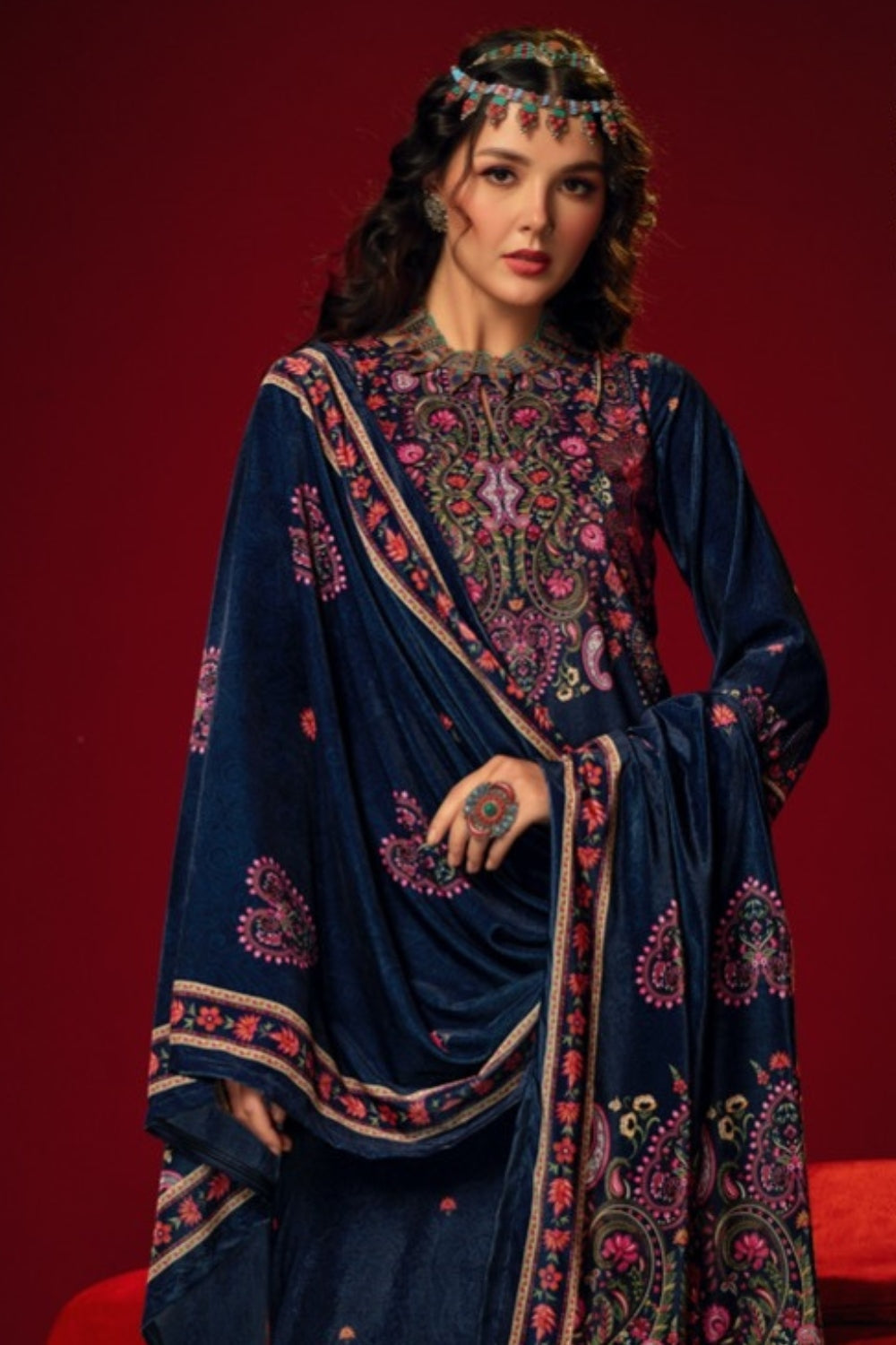 Royal Blue Colour Velvet Printed Woolen Unstitched Suit