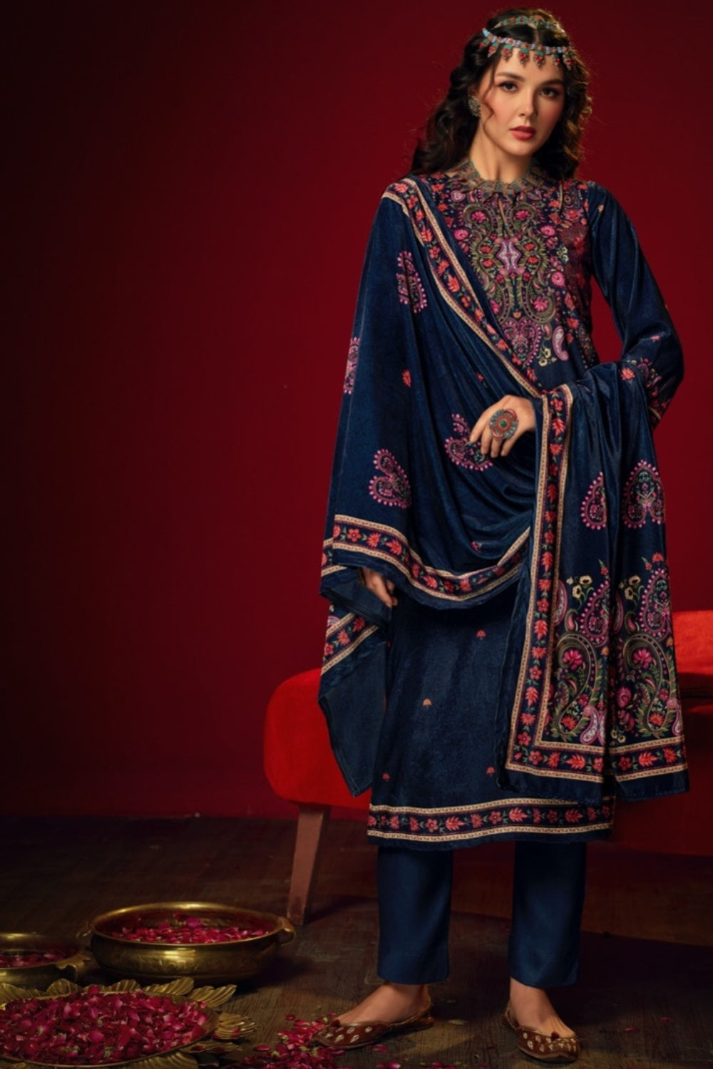Royal Blue Colour Velvet Printed Woolen Unstitched Suit