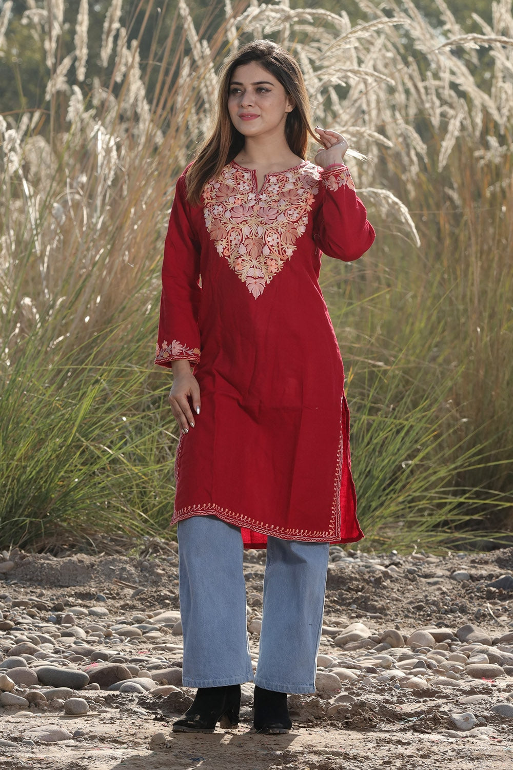 ROYAL MAROON COLOUR AARI WORK EMBROIDERED KURTI WITH NEW