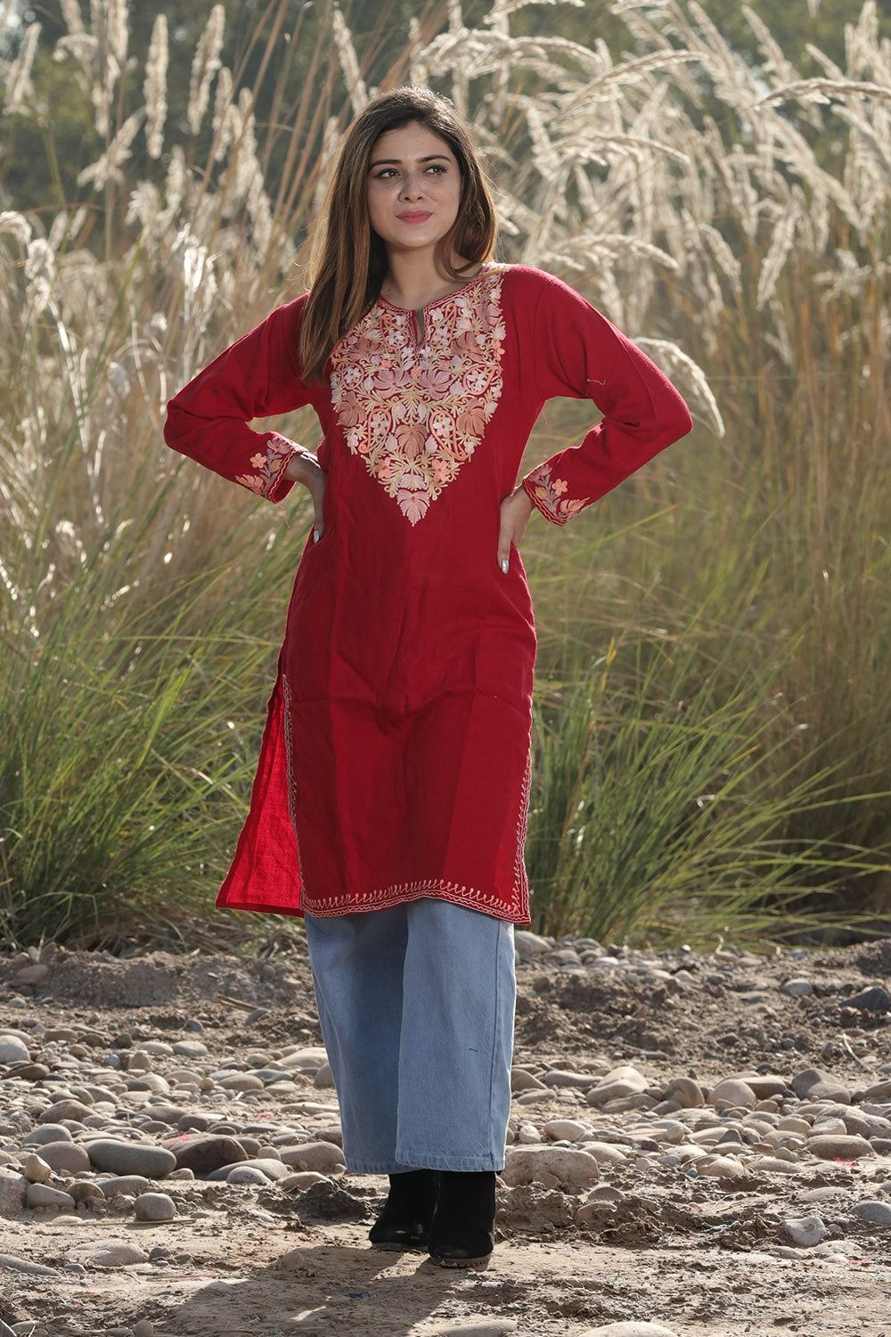 ROYAL MAROON COLOUR AARI WORK EMBROIDERED KURTI WITH NEW