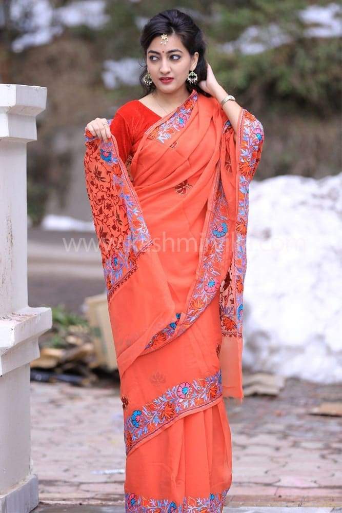 Rust Brown Kashmiri Aari Work Saree Enriched With Floral