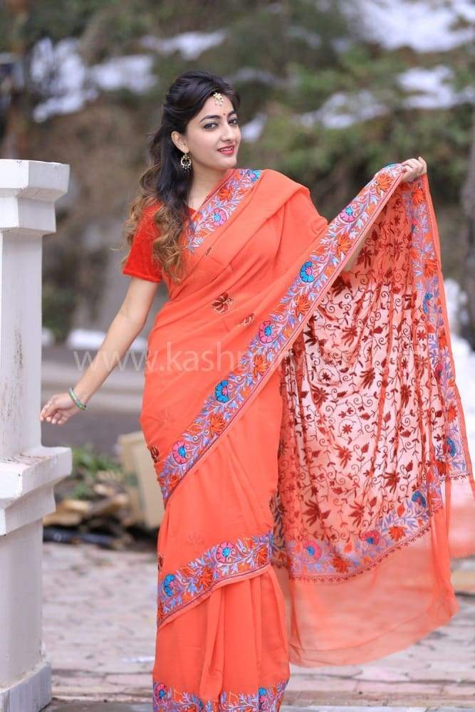 Rust Brown Kashmiri Aari Work Saree Enriched With Floral