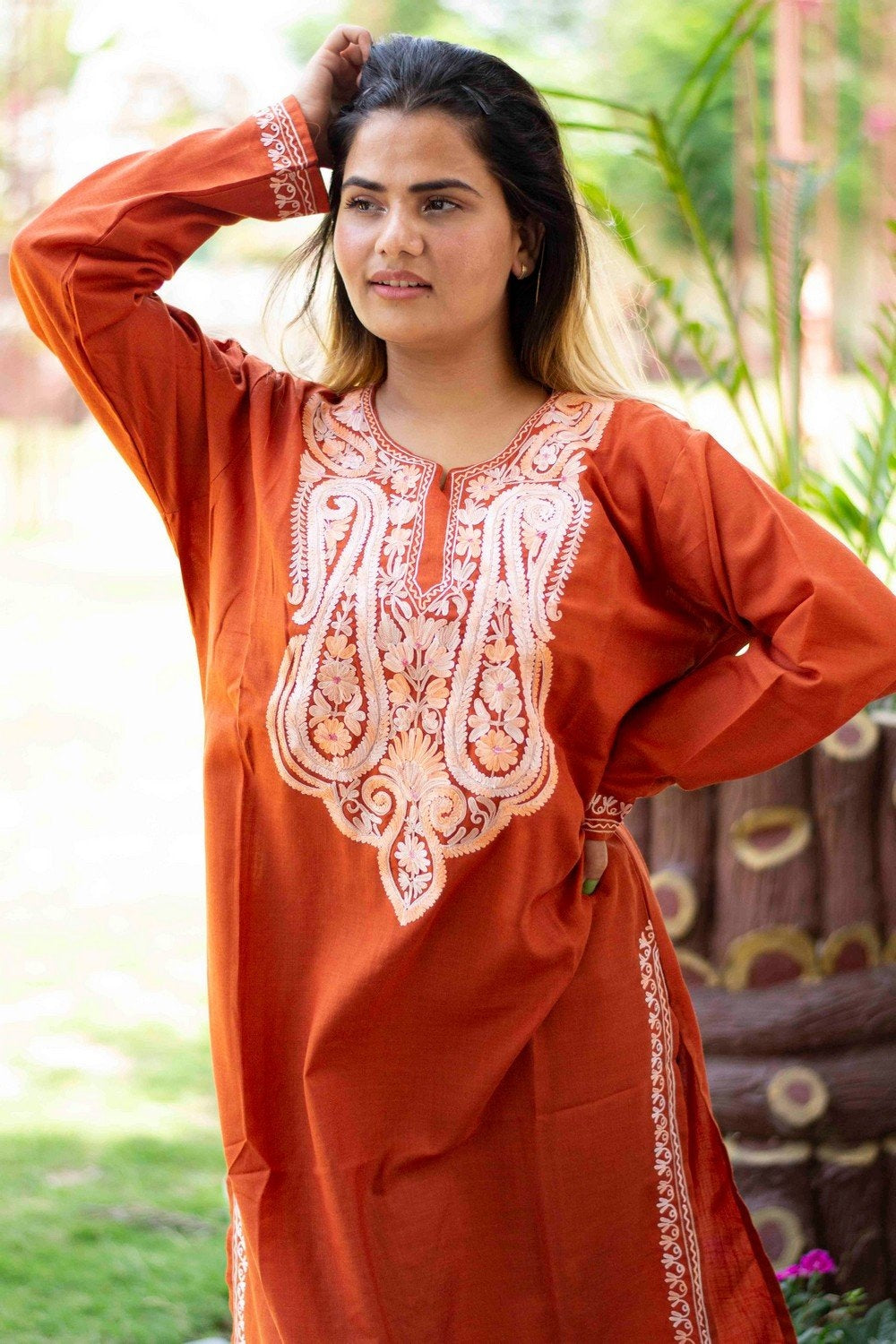 Rust Colour Cotton Kurti With Beautiful Aari Embroidery