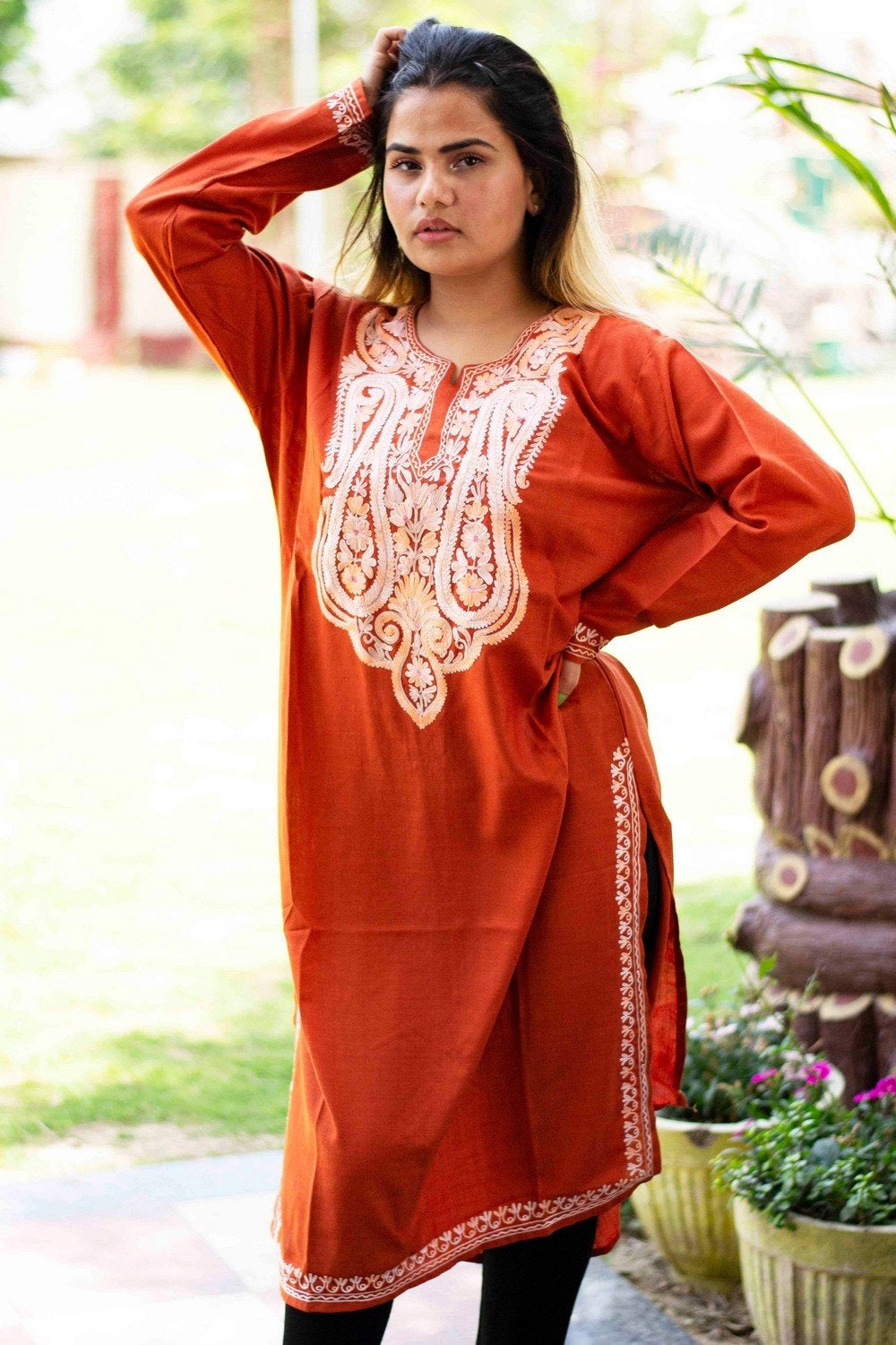 Rust Colour Cotton Kurti With Beautiful Aari Embroidery