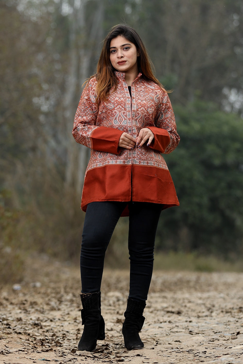 Rust Colour Jamawar Woven Jacket With Beautiful Designer