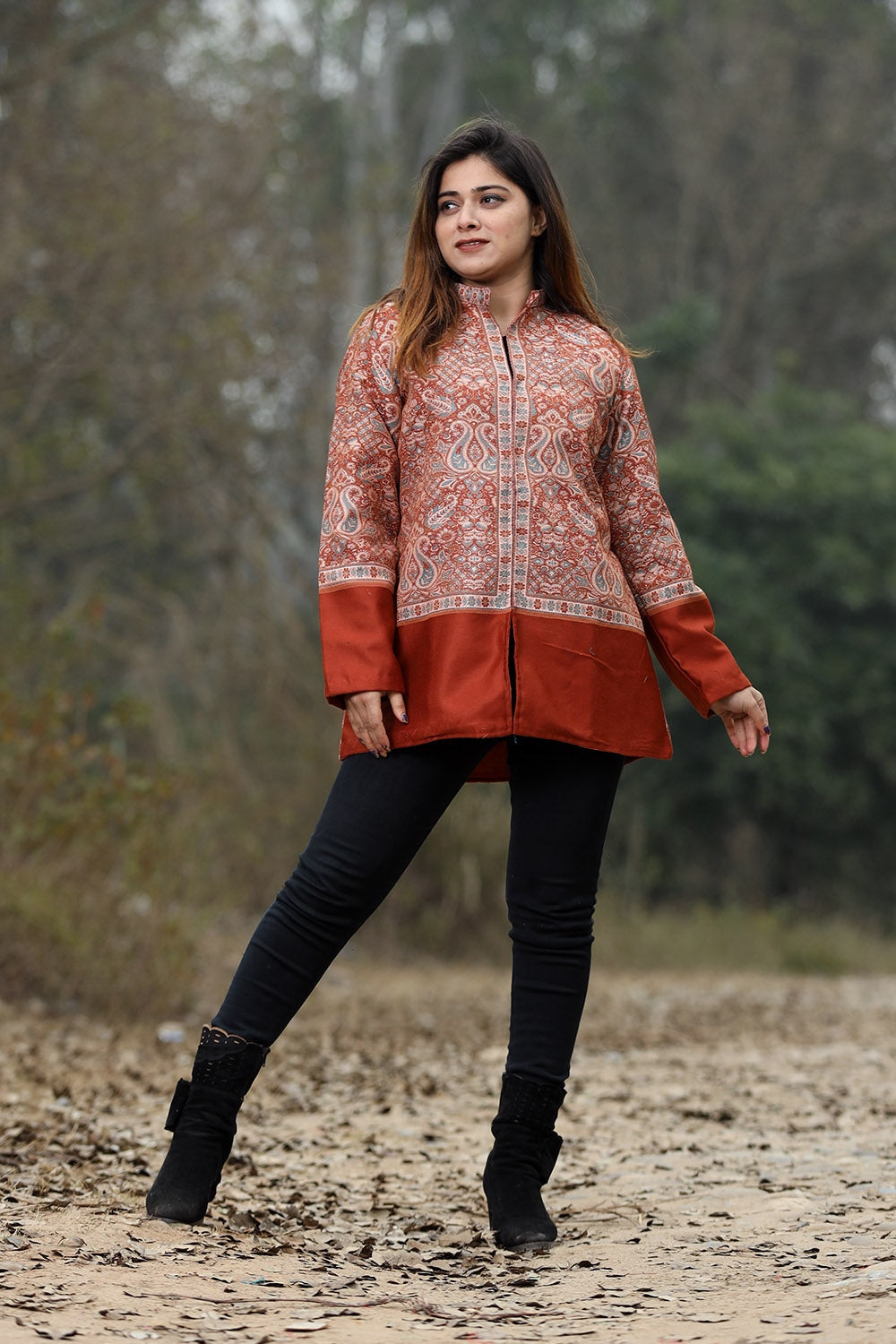 Rust Colour Jamawar Woven Jacket With Beautiful Designer