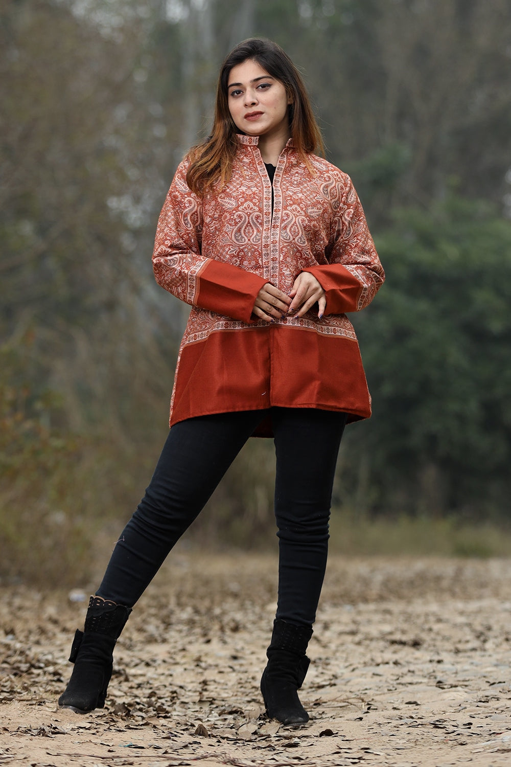 Rust Colour Jamawar Woven Jacket With Beautiful Designer