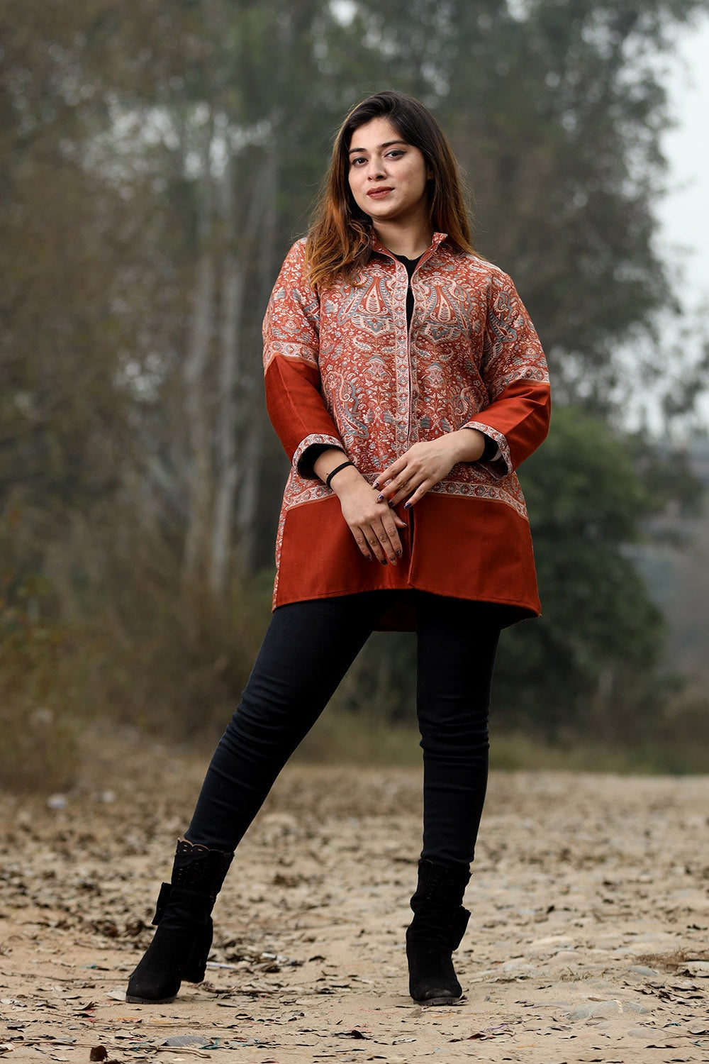 Rust Colour Jamawar Woven Jacket With Beautiful Designer