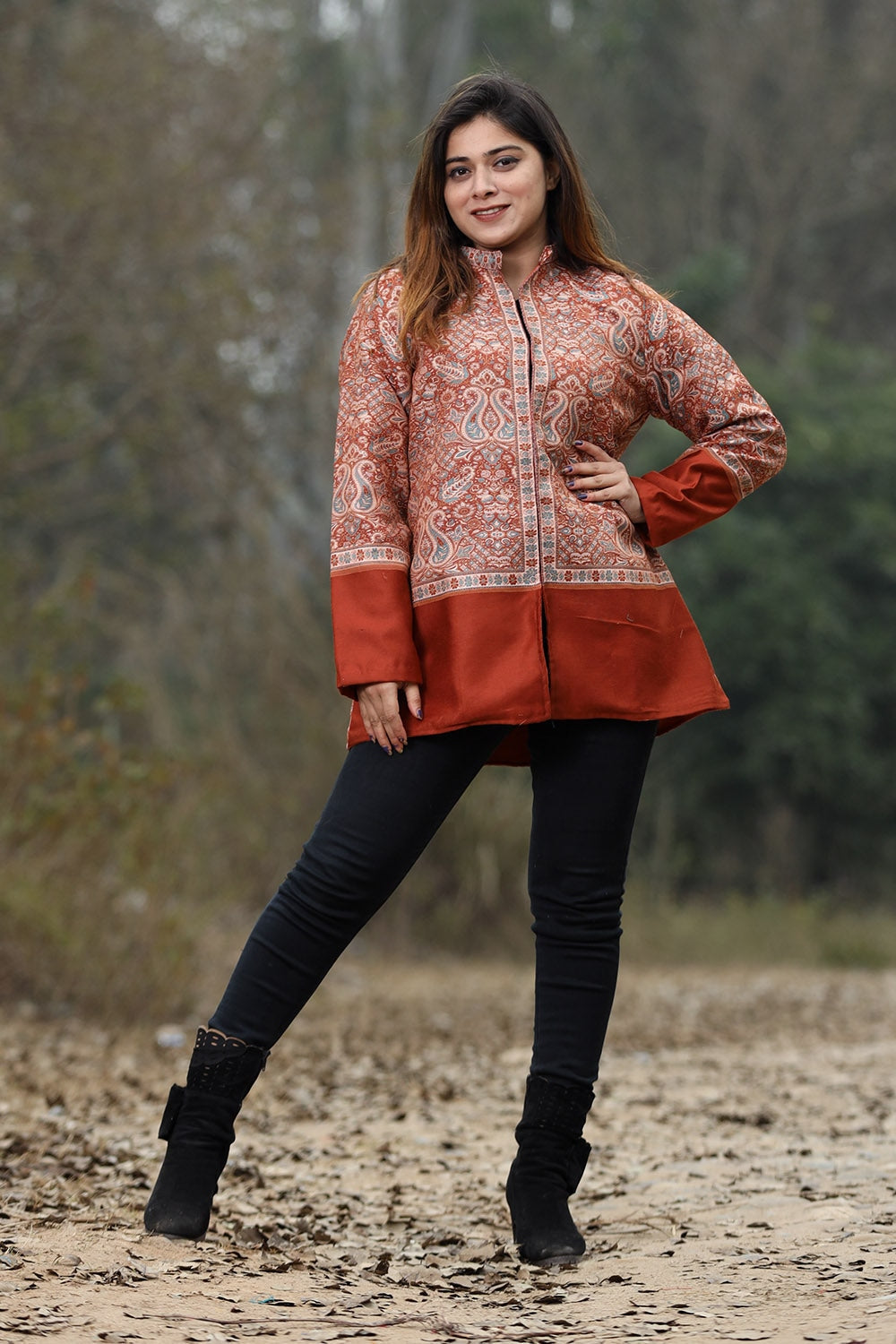 Rust Colour Jamawar Woven Jacket With Beautiful Designer
