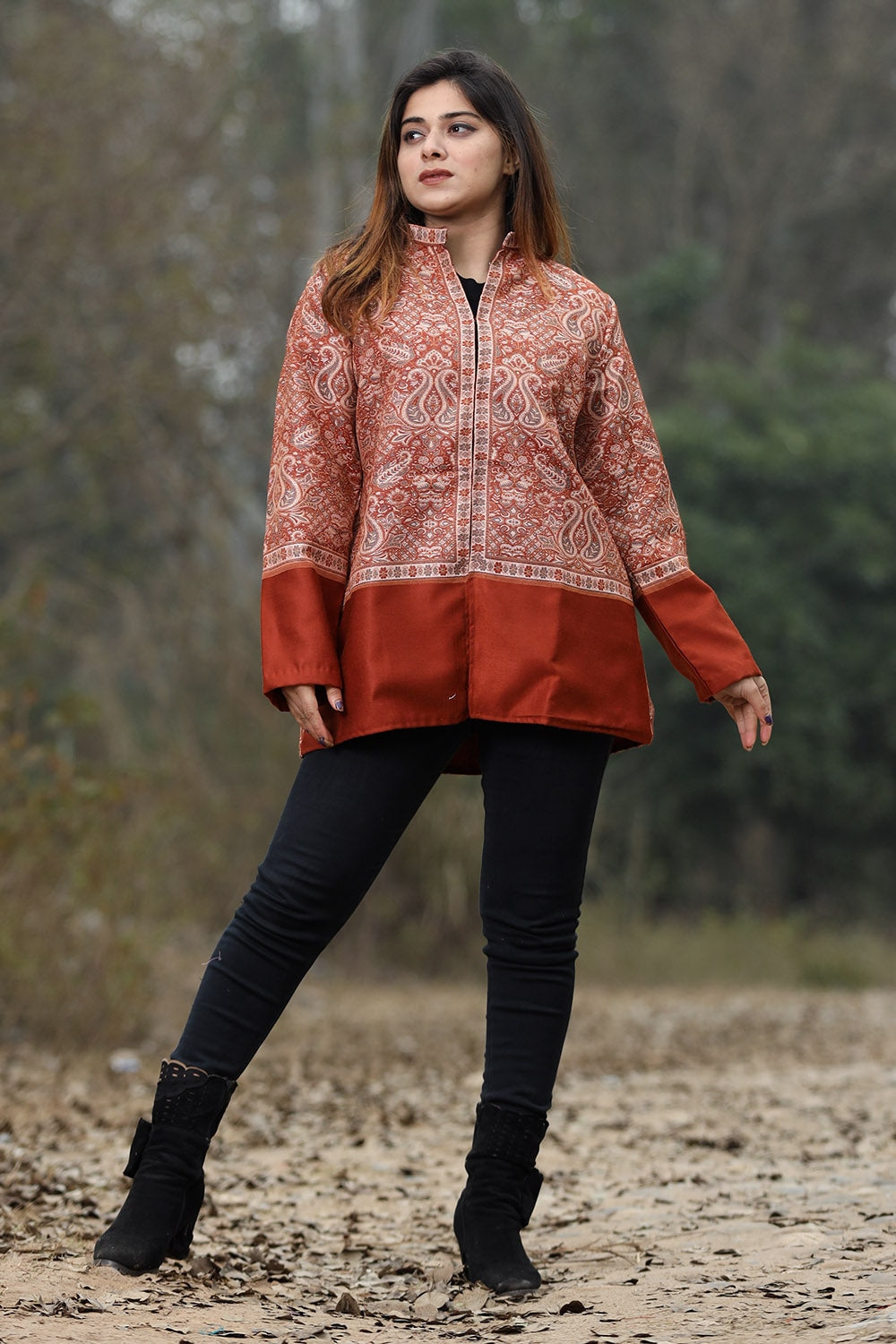 Rust Colour Jamawar Woven Jacket With Beautiful Designer