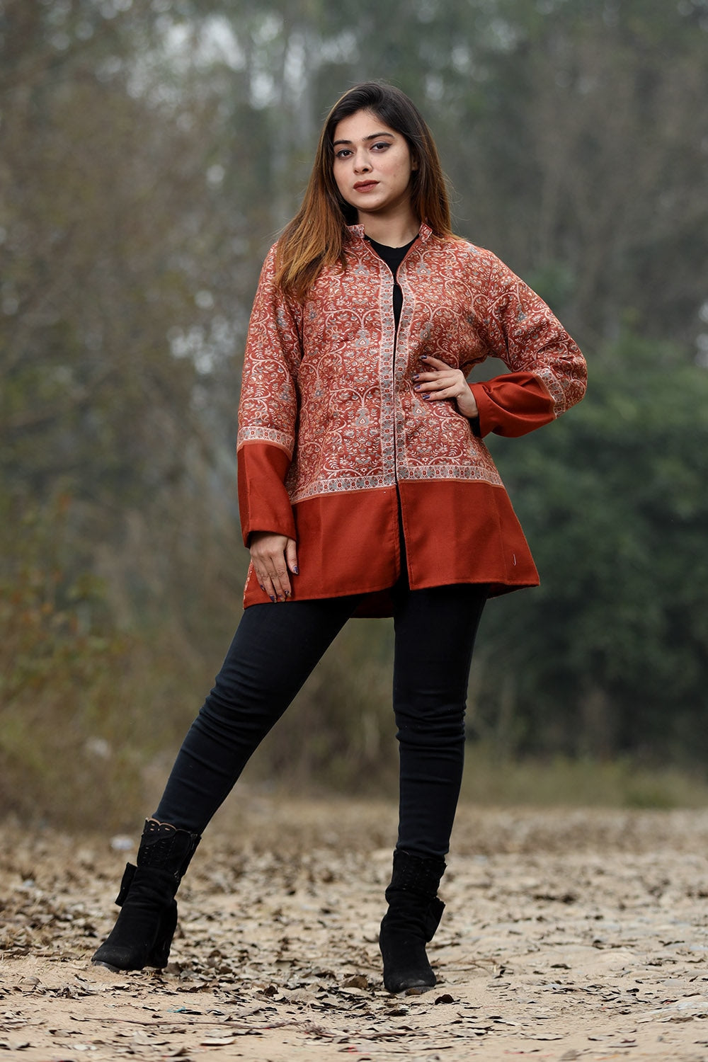 Rust Colour Jamawar Woven Jacket With Beautiful Designer