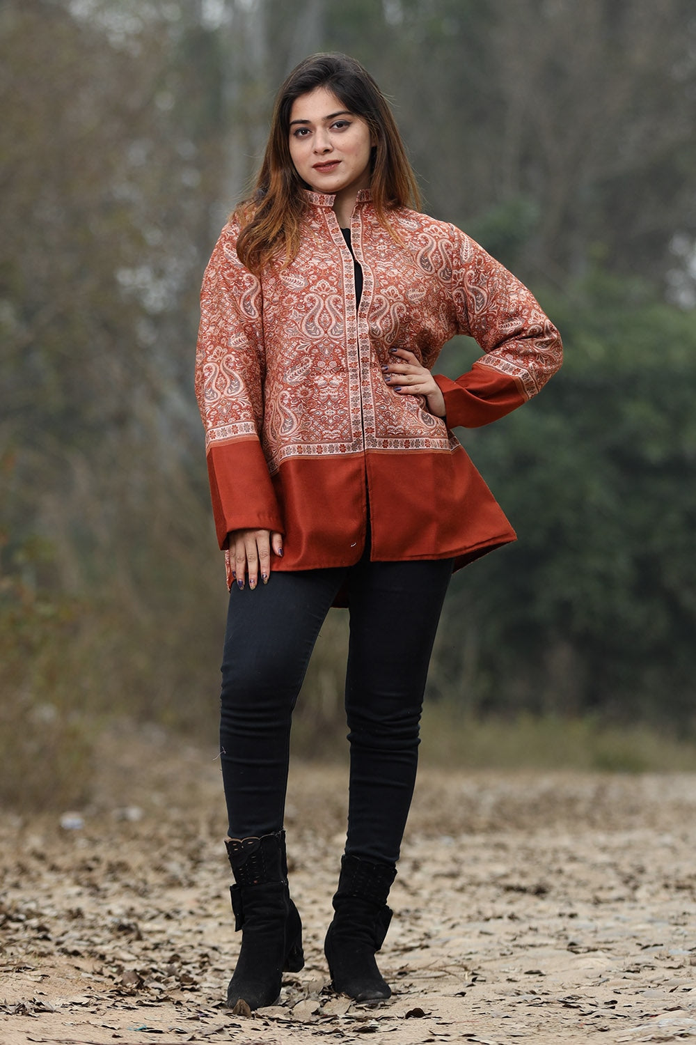 Rust Colour Jamawar Woven Jacket With Beautiful Designer