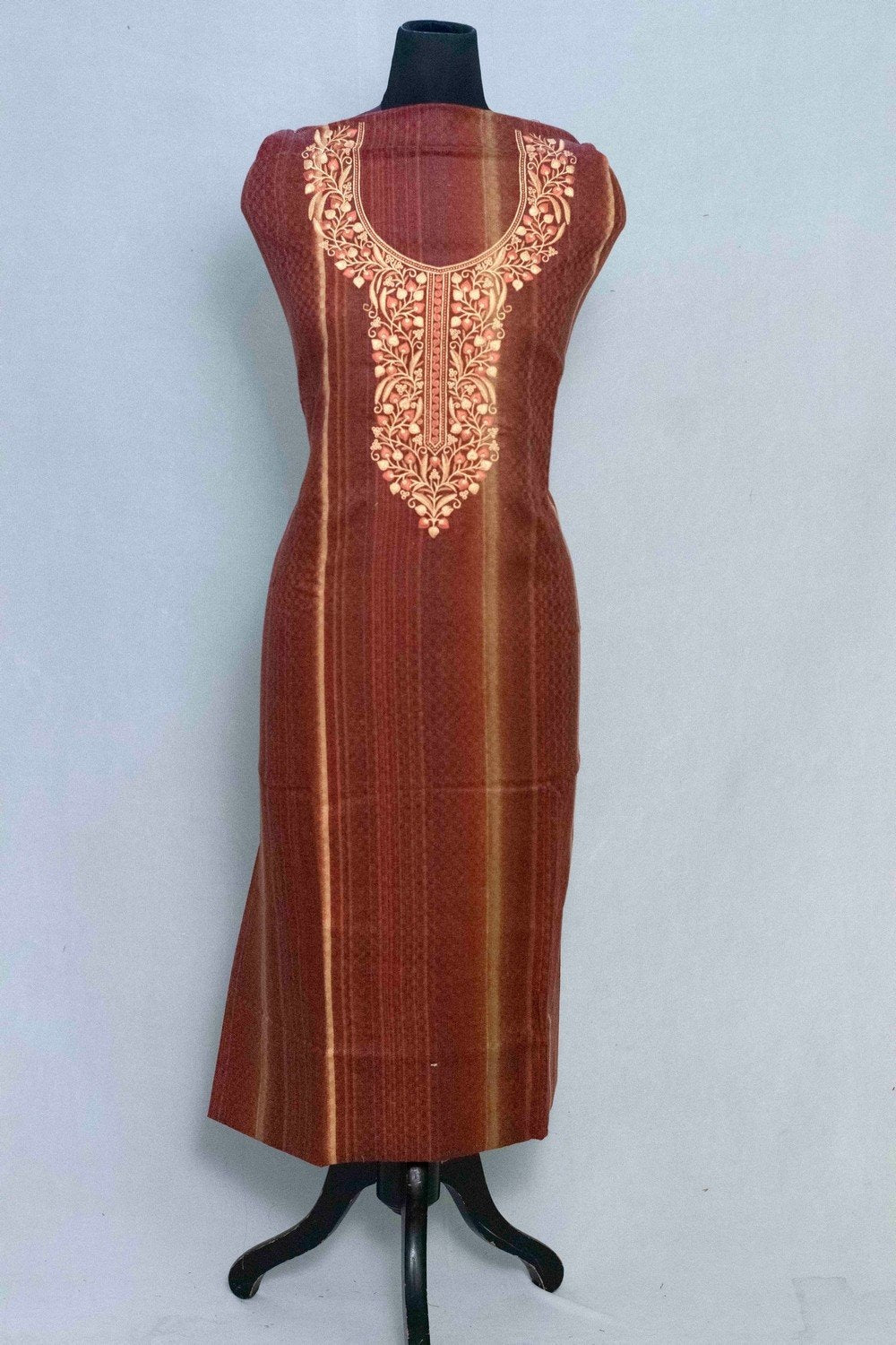 Rust Colour Woolen Kani Printed Suit With Neck And Over All