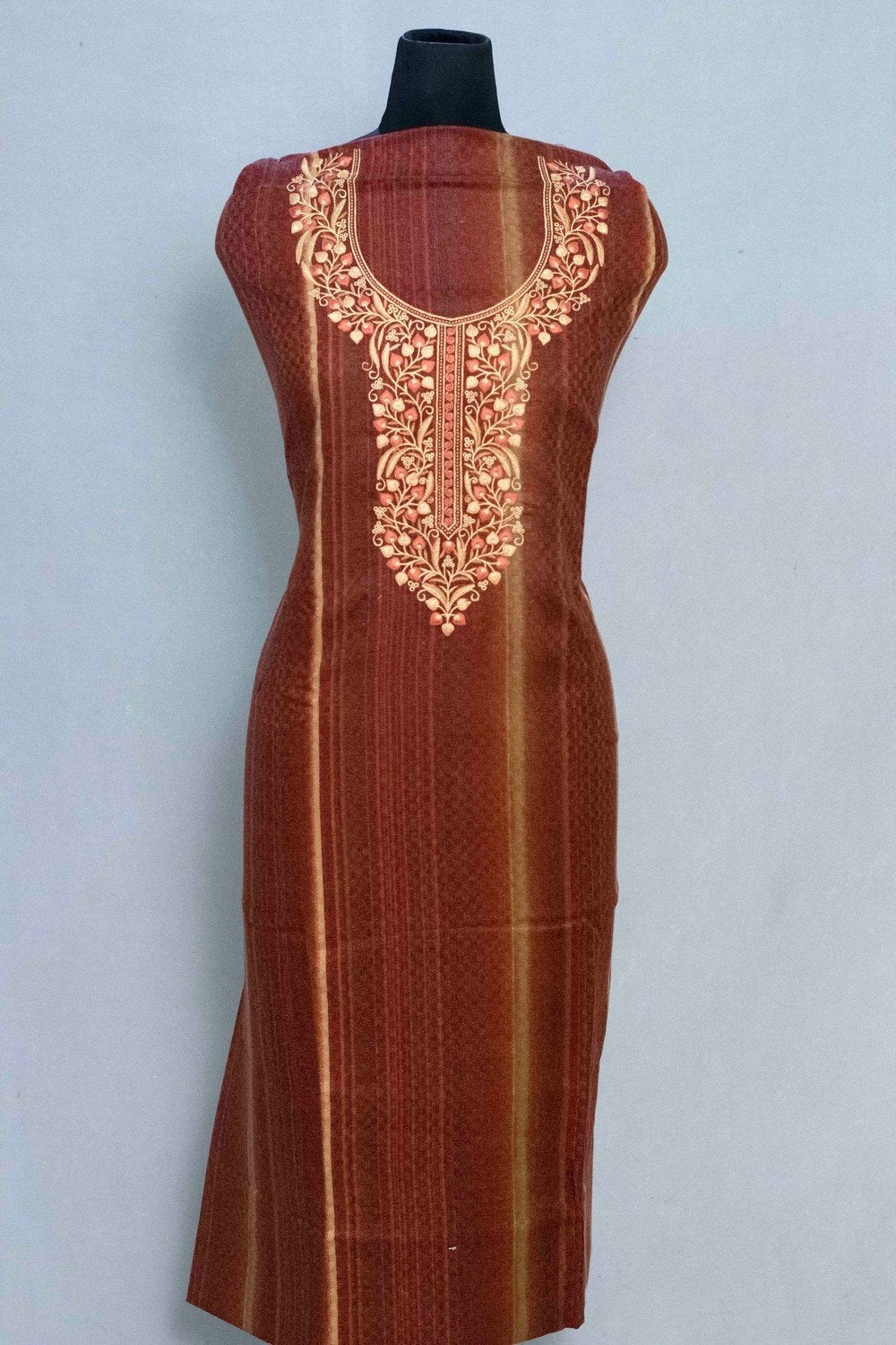 Rust Colour Woolen Kani Printed Suit With Neck And Over All