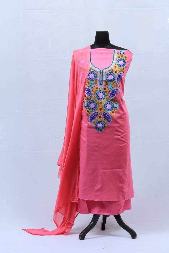 Salmon Pink Aari Work Suit With Blooming Neckline
