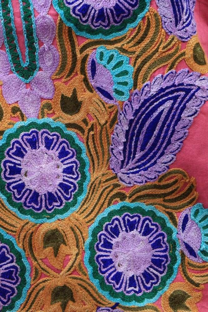 Salmon Pink Aari Work Suit With Blooming Neckline