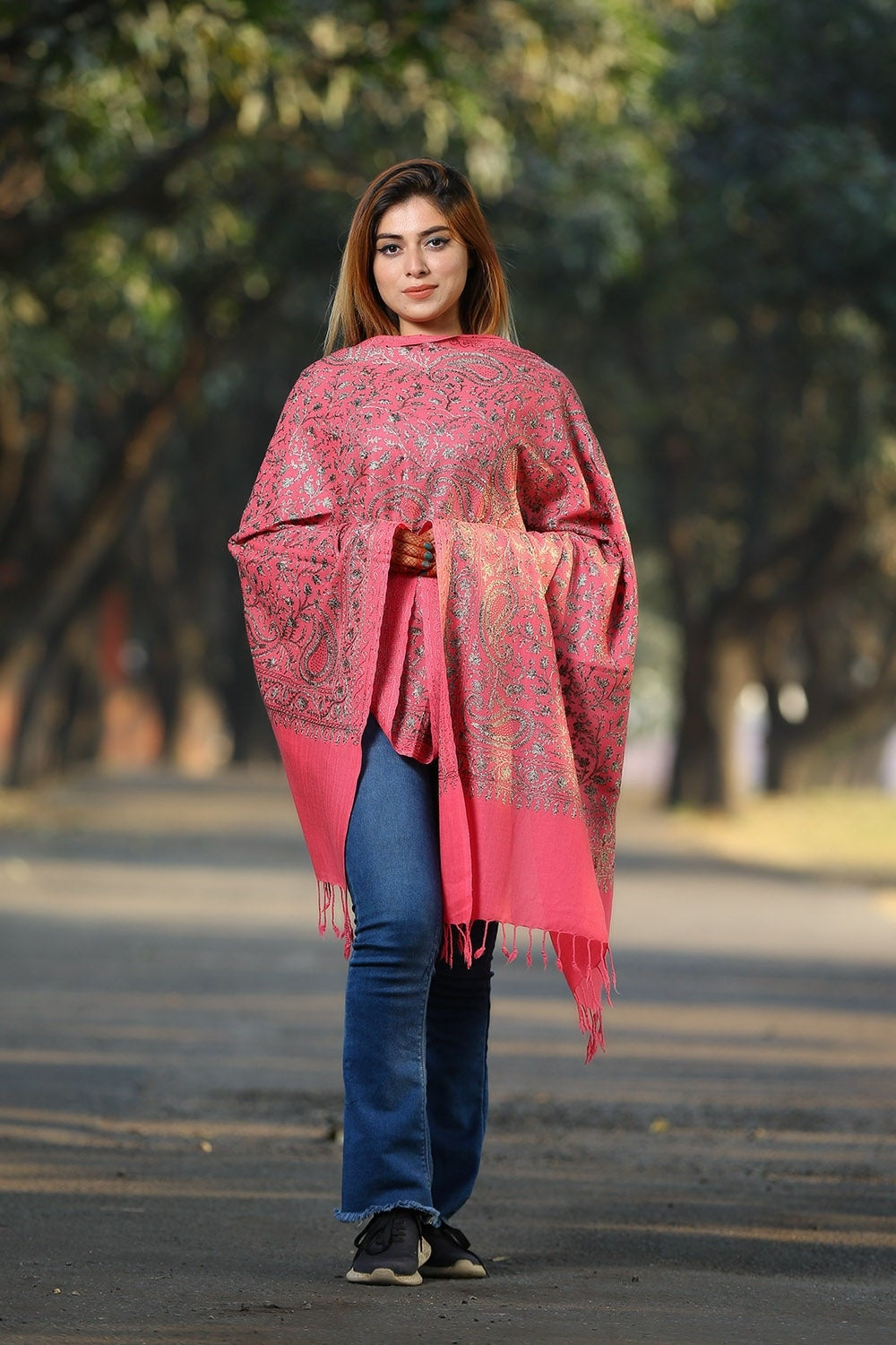 SALMON PINK COLOUR KASHMIRI STOLE WITH CLASSY SWAROVSKI