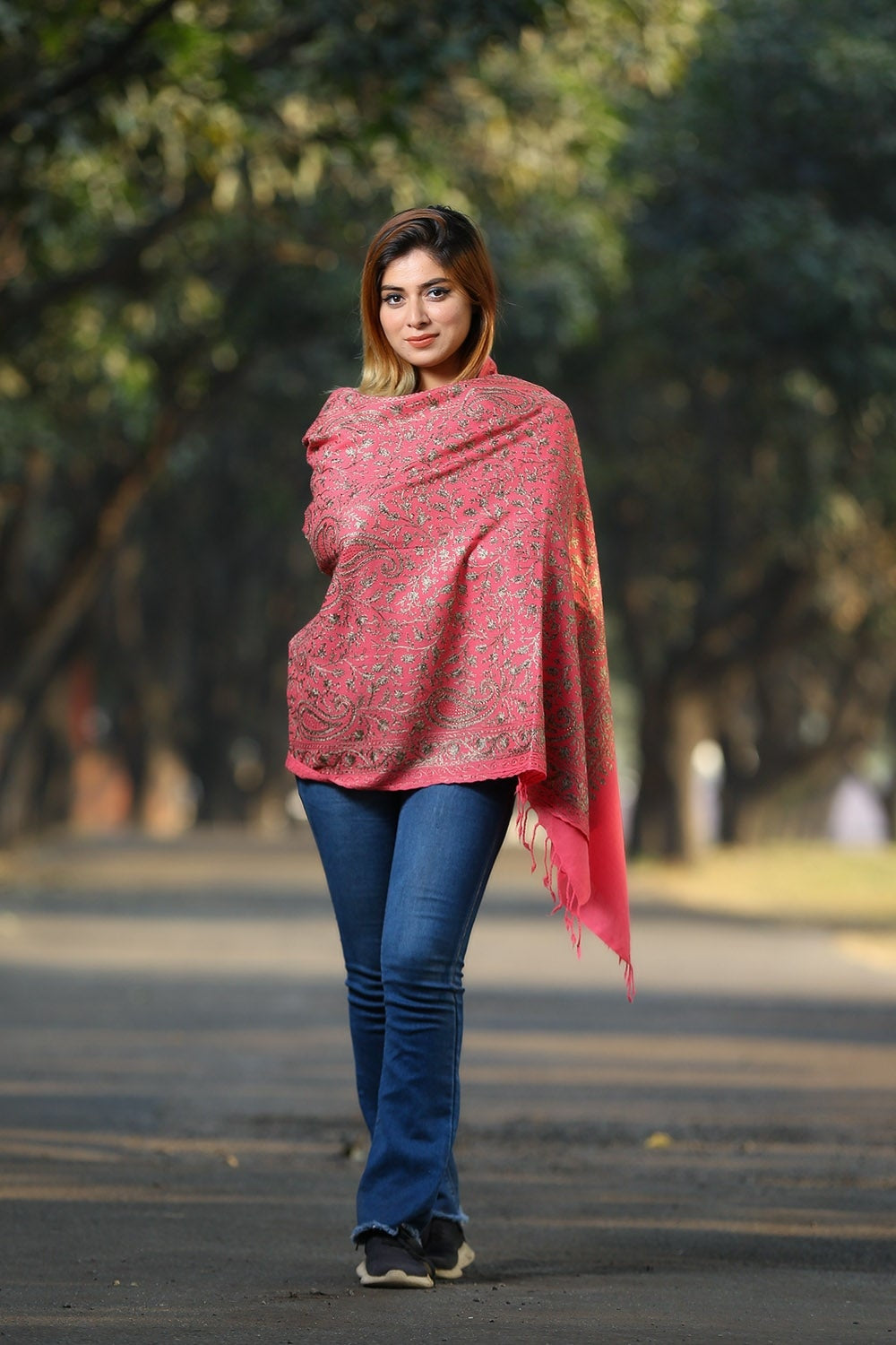 SALMON PINK COLOUR KASHMIRI STOLE WITH CLASSY SWAROVSKI