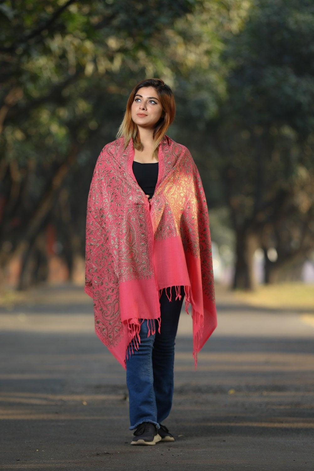 SALMON PINK COLOUR KASHMIRI STOLE WITH CLASSY SWAROVSKI