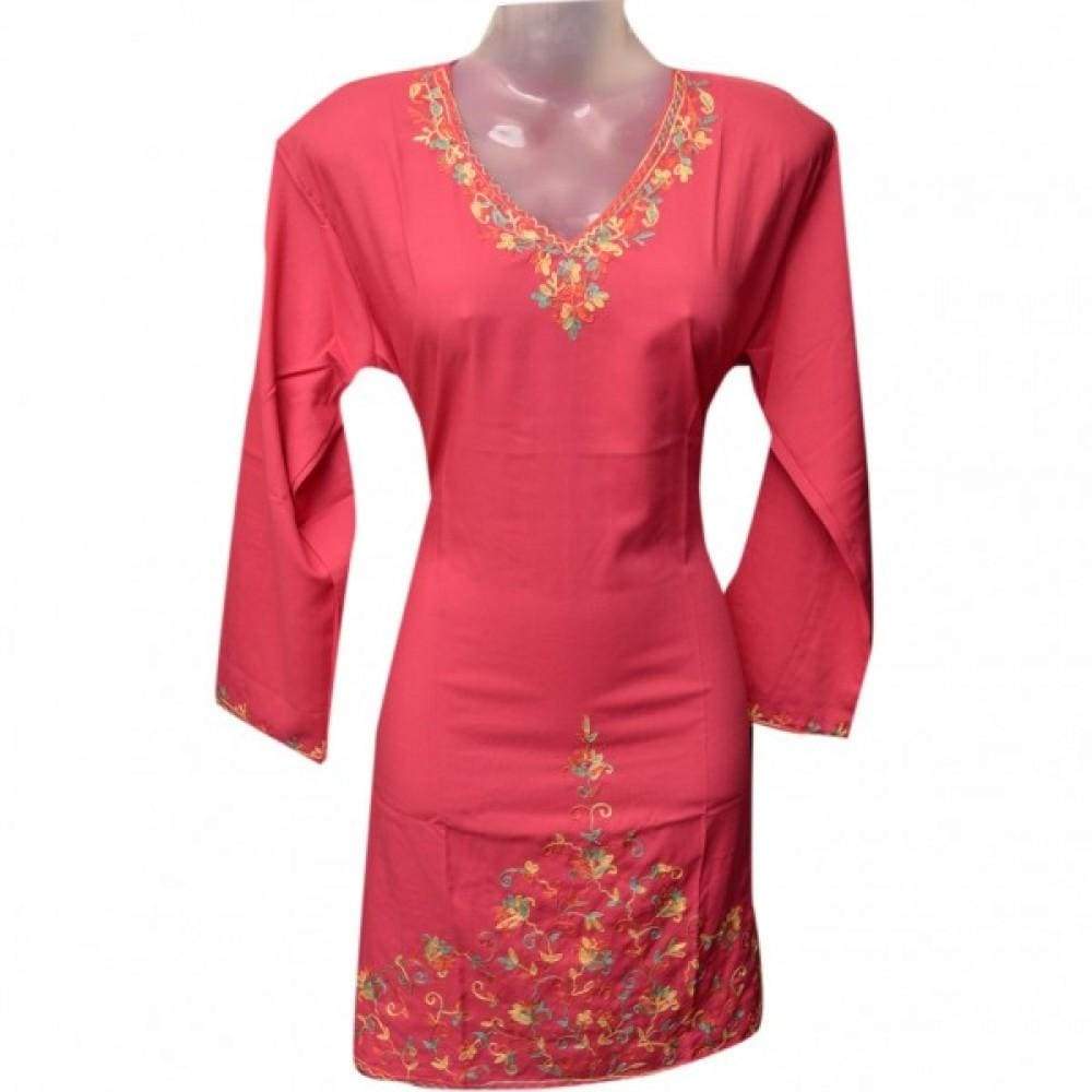 Salmon pink Cotton Aari Work Kurti With Multicoloured