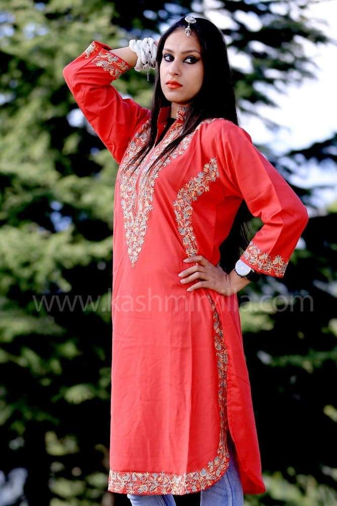 Salmon Pink Kashmiri Aari Work Embroidered Kurti Enriched