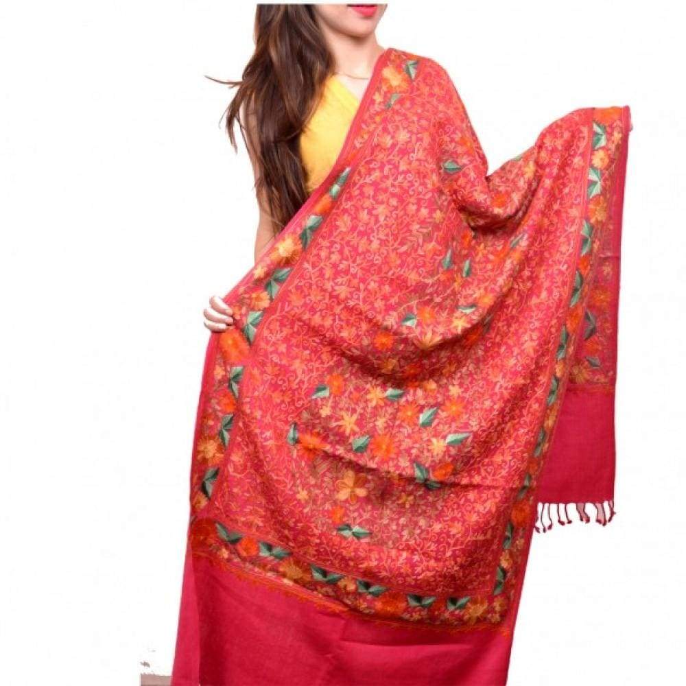 Salmon Pink Kashmiri Aari Work Embroidered Stole Enriched