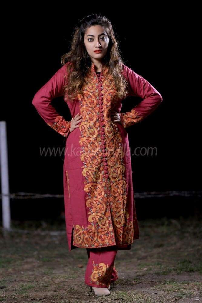 Salmon Pink Kashmiri Designer Embroidered Semi-Stitched