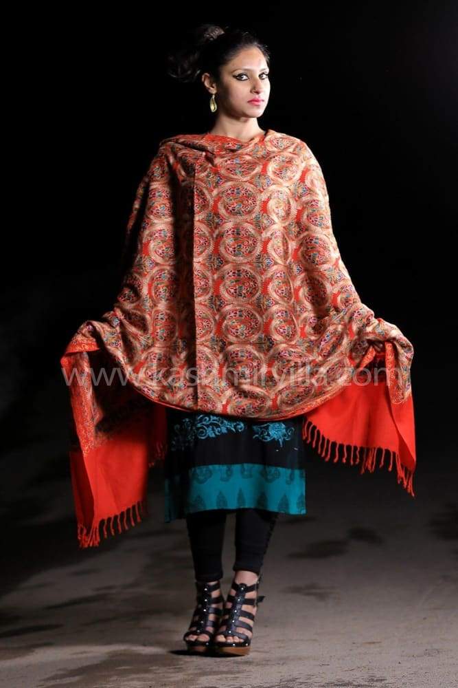 Scarlet Red Color Jamawar Aari Work Embroidered Shawls