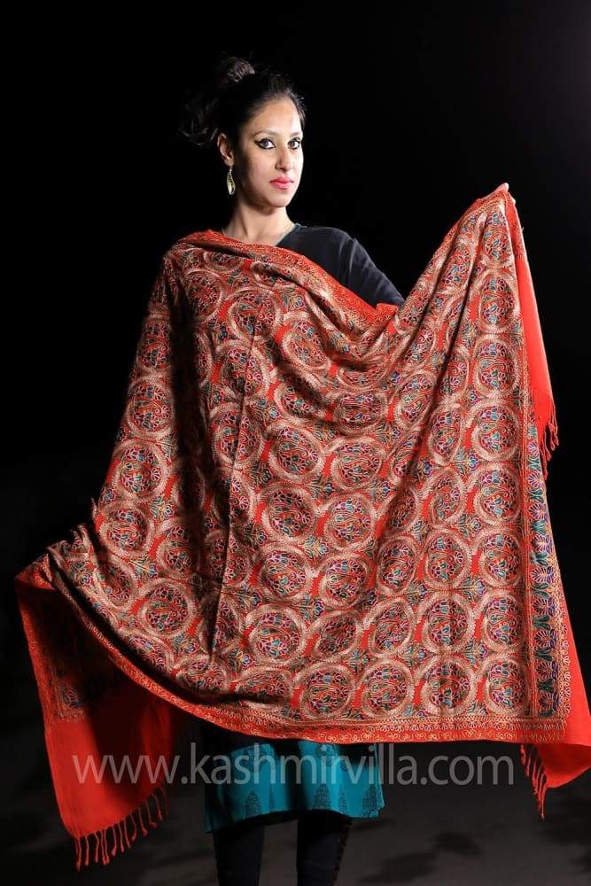 Scarlet Red Color Jamawar Aari Work Embroidered Shawls