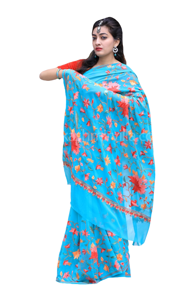 Sea Green Color Kashmiri Aari Work Embroidered Saree