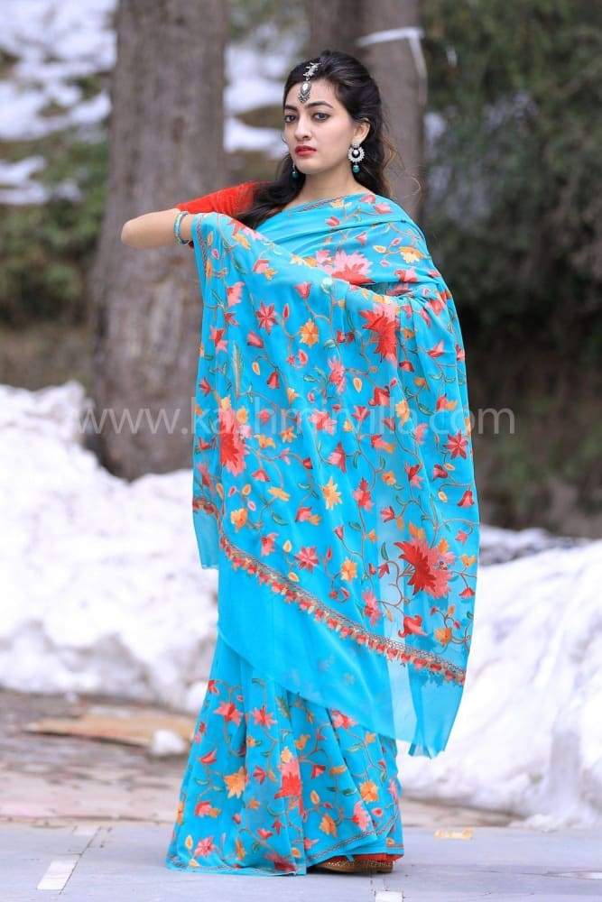 Sea Green Color Kashmiri Aari Work Embroidered Saree