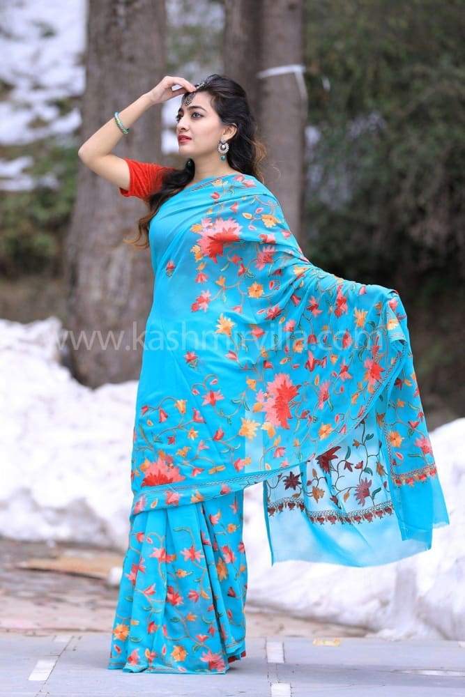 Sea Green Color Kashmiri Aari Work Embroidered Saree