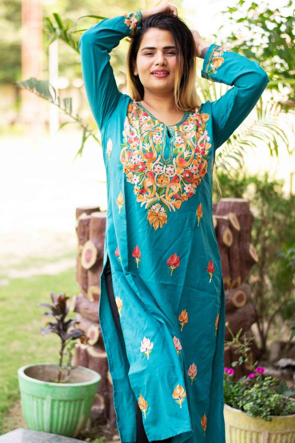 Sea Green Colour Cotton Kurti With Beautiful Aari