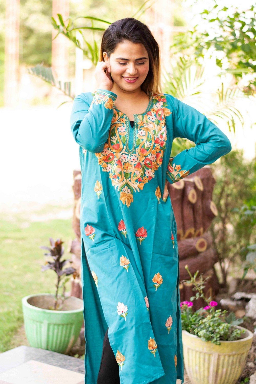 Sea Green Colour Cotton Kurti With Beautiful Aari