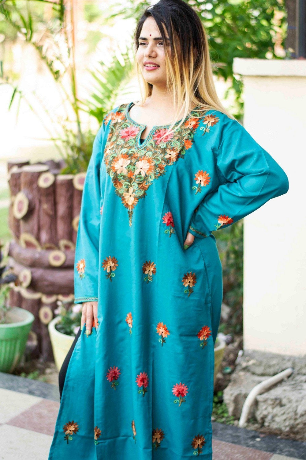 Sea Green Colour Cotton Kurti With Beautiful Aari