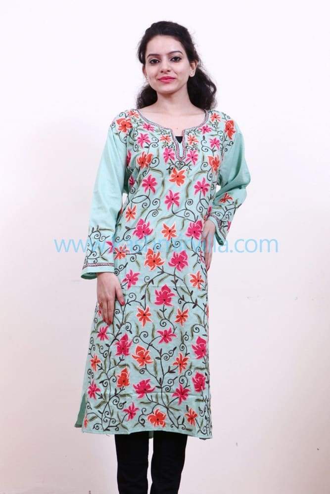 Sea Green Colour Cotton Kurti With Multicolour Embroidered