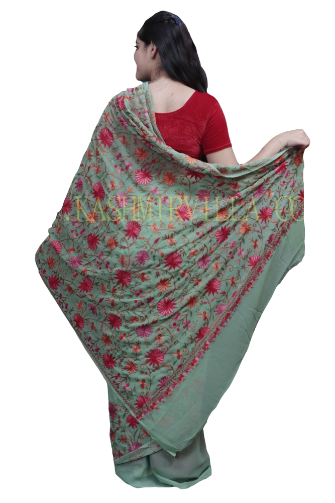 Sea Green Colour Saree With Dense Aari Jaal On Pallu