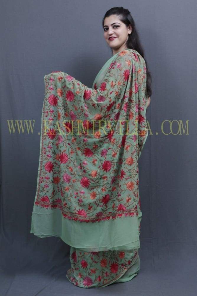 Sea Green Colour Saree With Dense Aari Jaal On Pallu