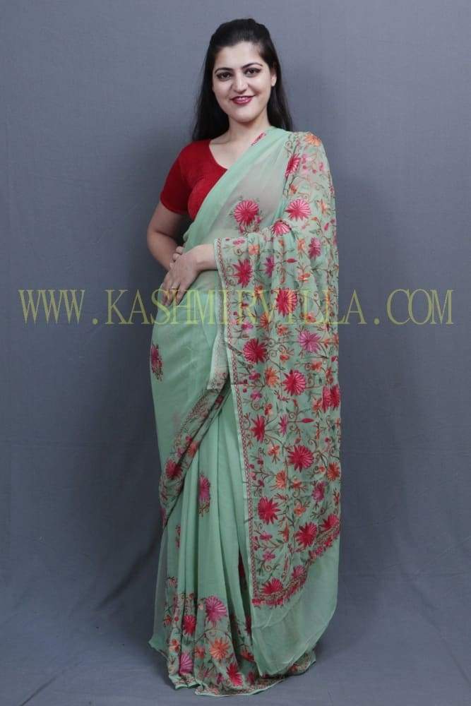 Sea Green Colour Saree With Dense Aari Jaal On Pallu