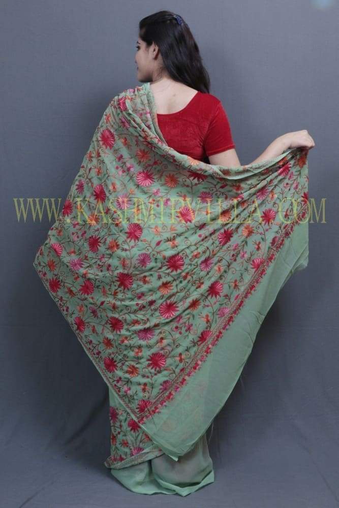 Sea Green Colour Saree With Dense Aari Jaal On Pallu