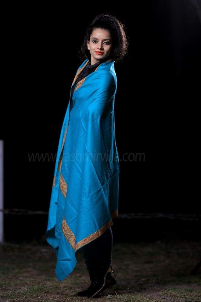 Sea Green Colour Semi Pashmina Sozni Shawl With Beautiful