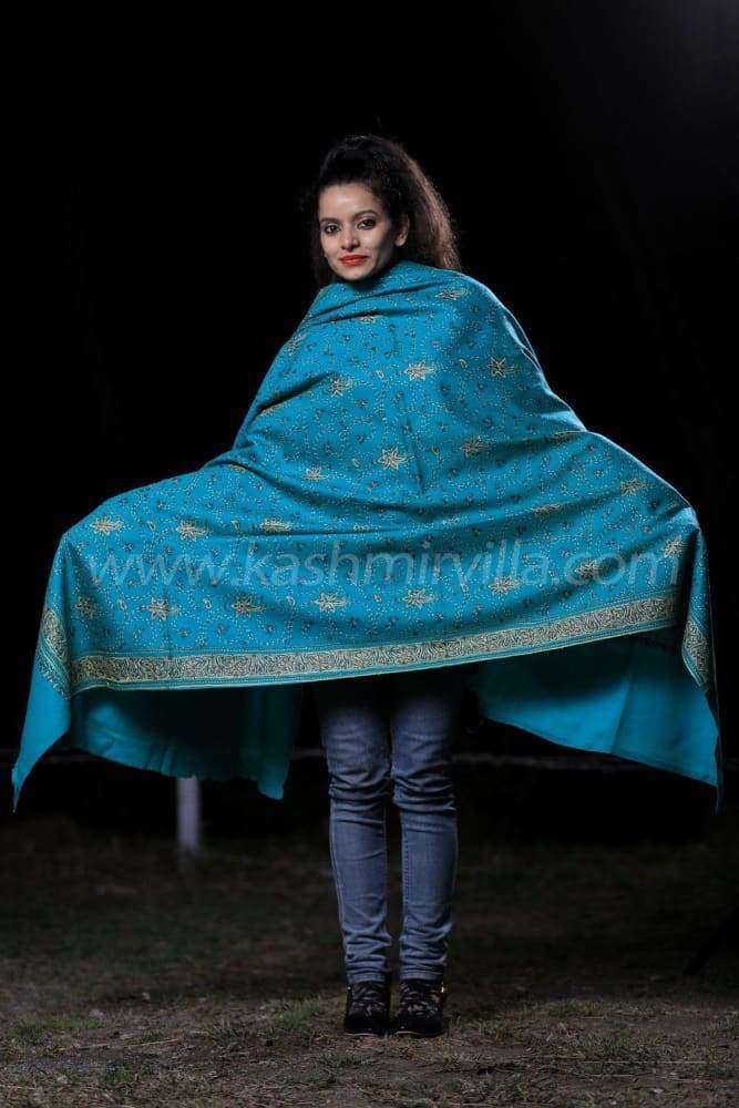 Sea Green Colour Sozni Shawl Emblished With Designer