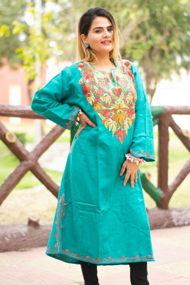 Sea Green Kashmiri Work Embroidered Phiran Enriched