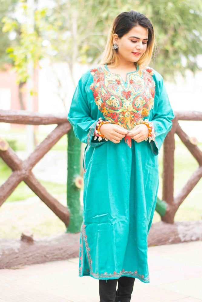 Sea Green Kashmiri Work Embroidered Phiran Enriched