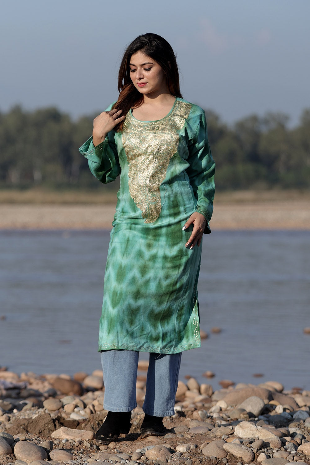SHADES OF GREEN COLOUR TIE DYE Aari Tilla Work Embroidered