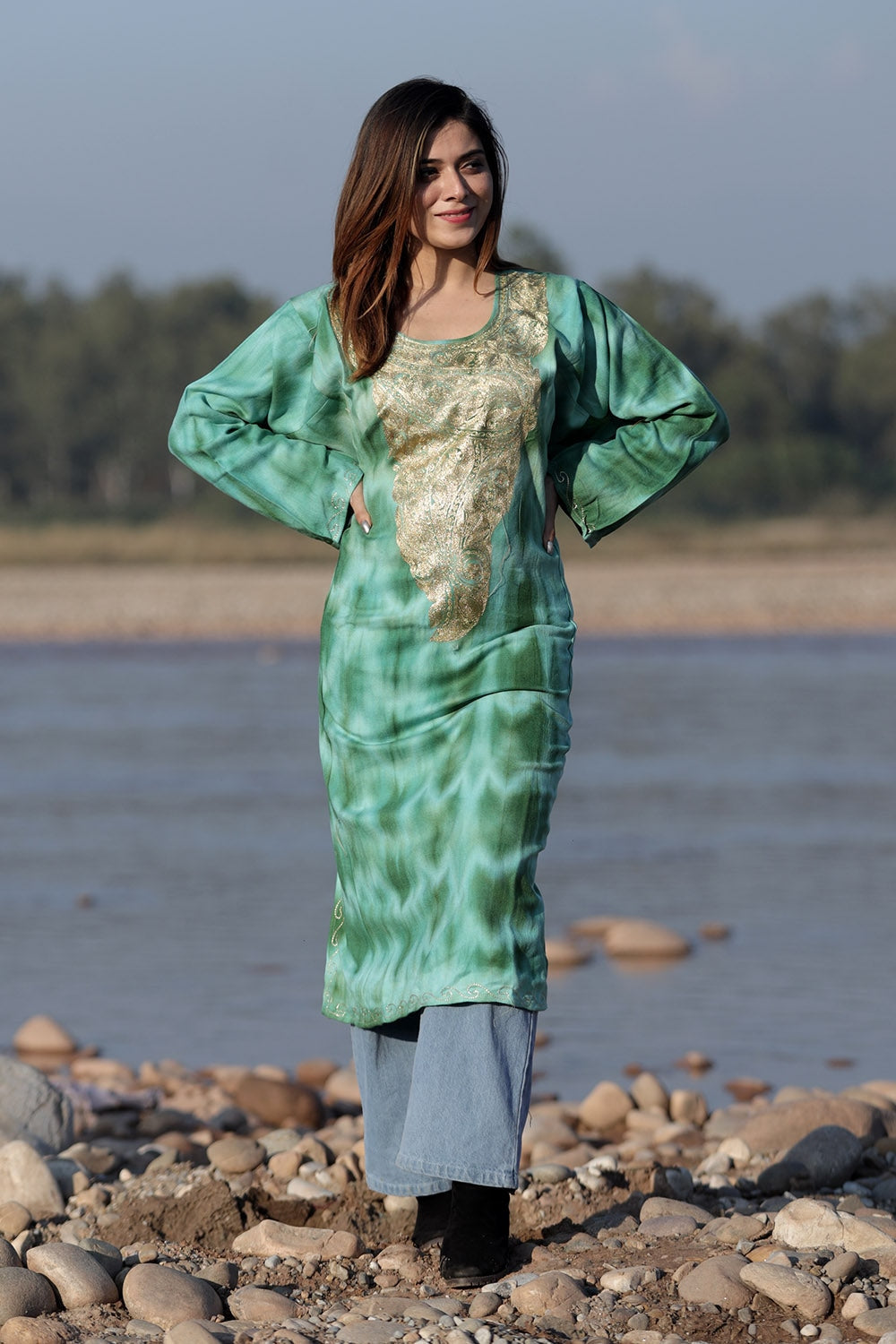 SHADES OF GREEN COLOUR TIE-DYE Aari Tilla Work Embroidered