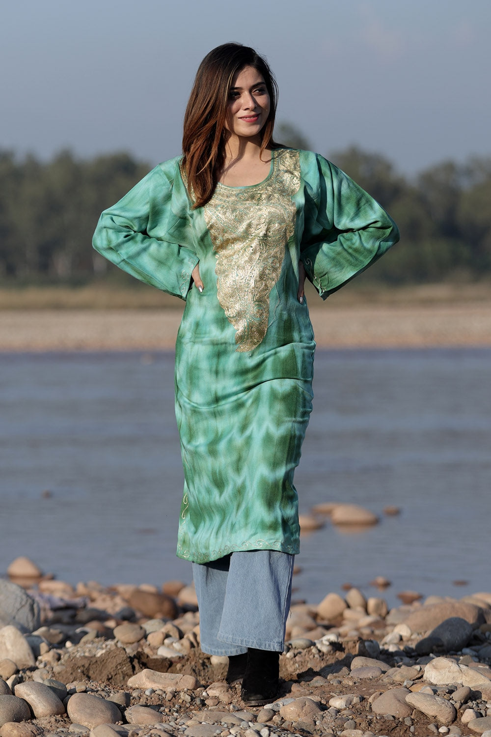 SHADES OF GREEN COLOUR TIE DYE Aari Tilla Work Embroidered