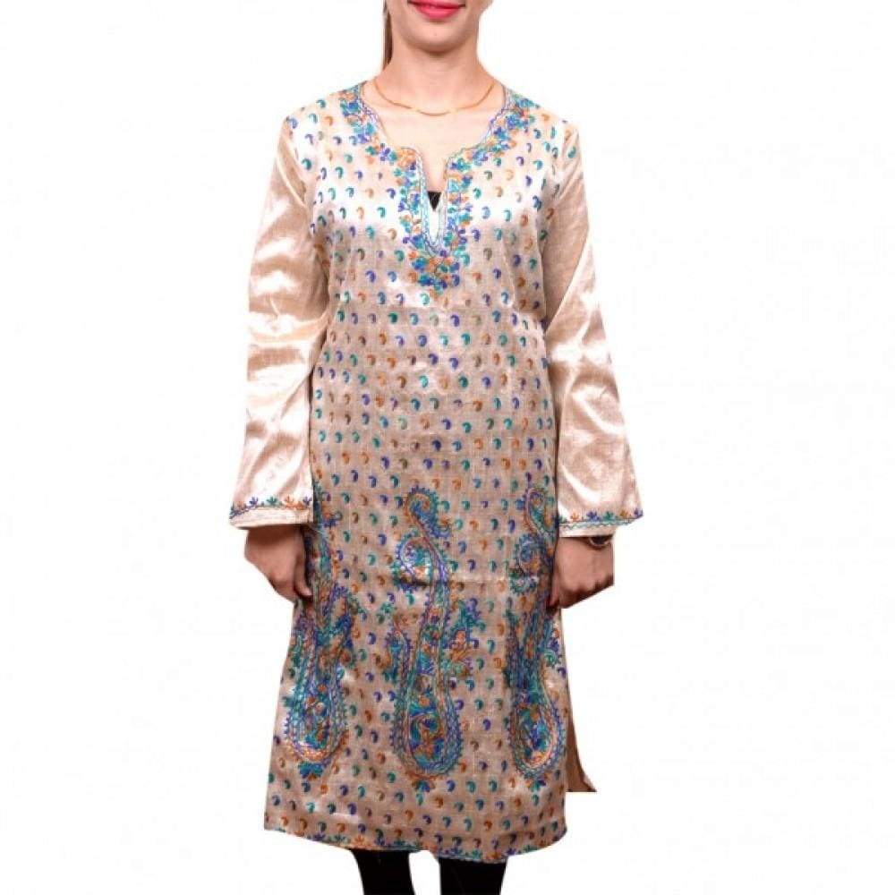 Shining Beige Colour Kashmiri Aari Work Embroidered Kurti