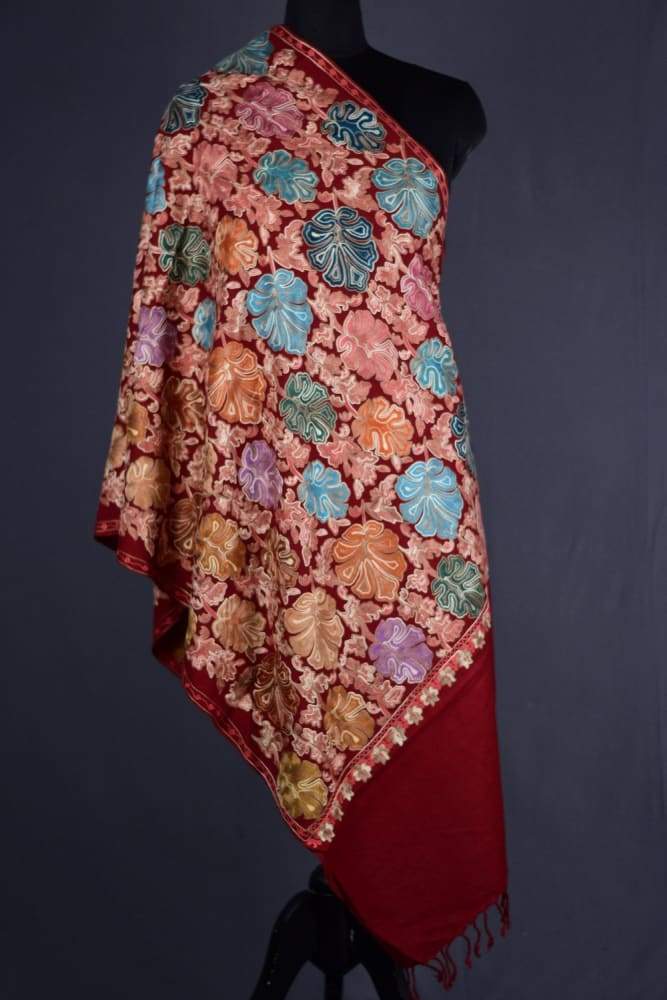 Shining Red Colour Famous Designer Kashmiri Aari Work Stole